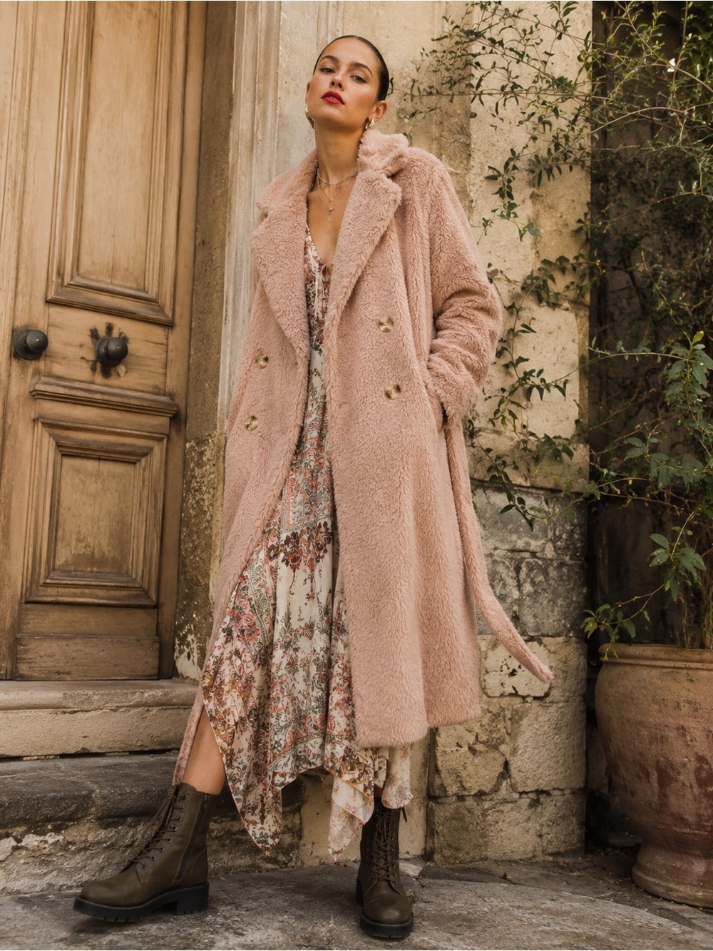 Free People NWT Blush Pink Teddy Coat Faux Fur Belted Long Coat M